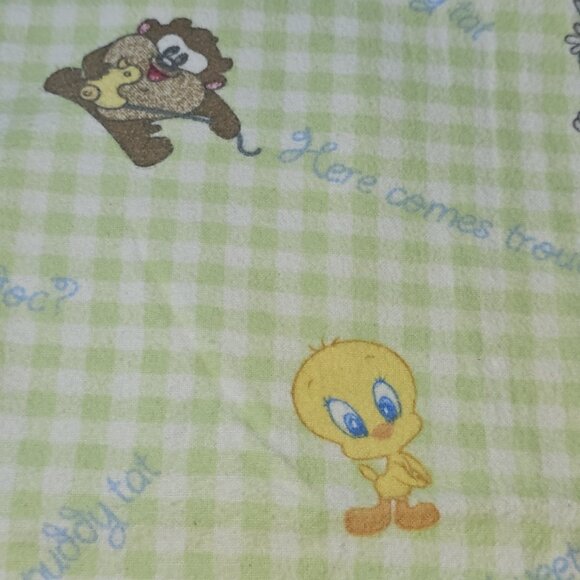 VTG Baby Looney Tunes Flannel Blanket Green Plaid Cotton By DOLLY Tweety Taz - Picture 9 of 10